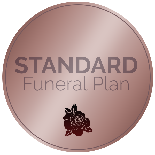 A circular logo in bronze with the text standard funeral plan